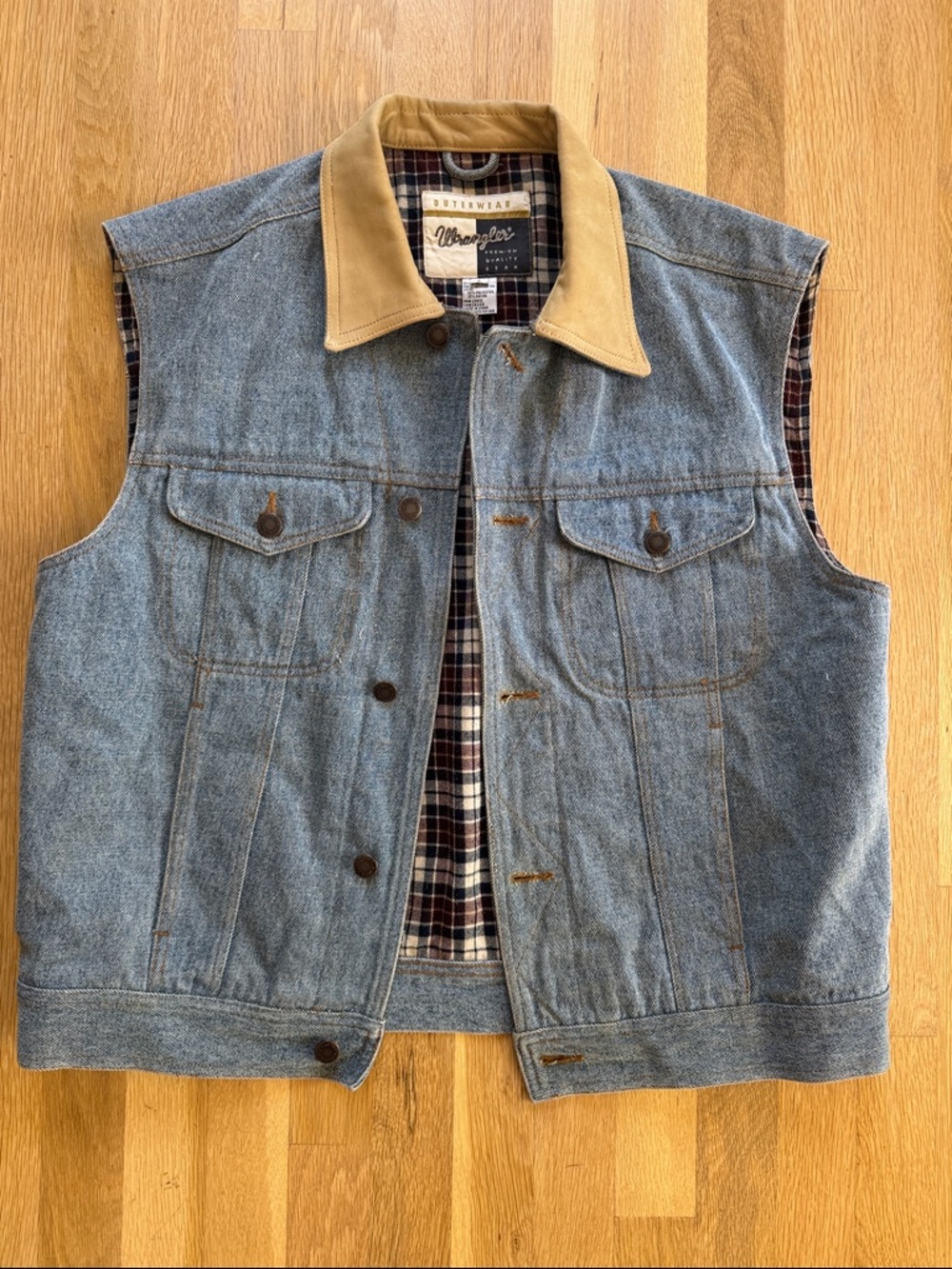 Vintage Wrangler Trucker Vest Mens XL Blue Flannel Lined Denim Western Wear